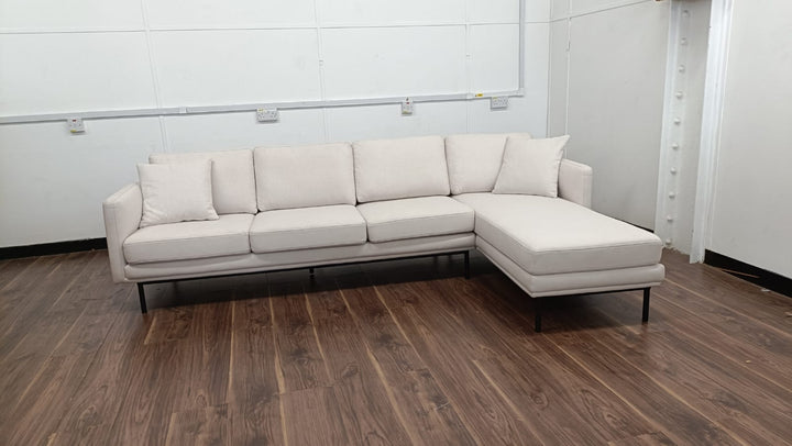 3 Seater Right Hand Facing Chaise Lounge Corner Sofa Cream Linen Fabric - W 262 cm x D 85 cm x H 76 cm