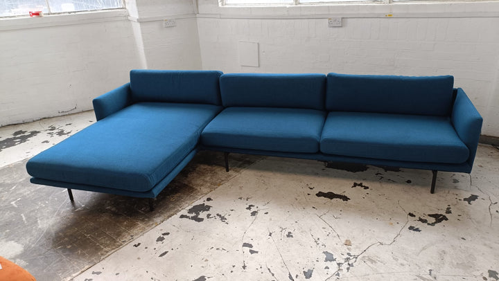 4 Seater Left Hand Facing Chaise Lounge Corner Sofa Dark Blue Linen Fabric - W 311 cm x D 85 cm x H 76 cm