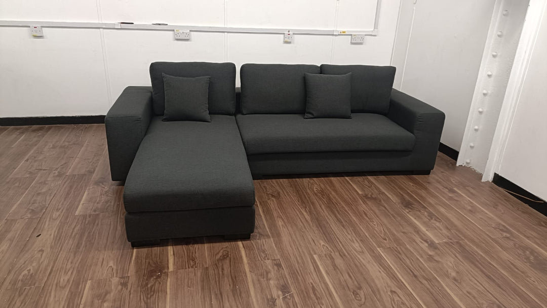 3 Seater Left Hand Facing Chaise Lounge Corner Sofa Black Linen Fabric - W 252 cm x D 98 cm x H 79 cm