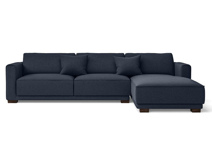 4 Seater Right Hand Facing Chaise Lounge Corner Sofa Dark Blue Linen Fabric - W 280 cm x D 92 cm x H 75 cm