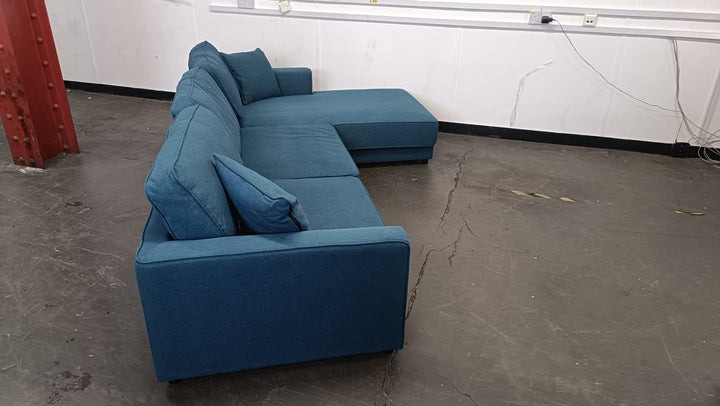 4 Seater Right Hand Facing Chaise Lounge Corner Sofa Dark Blue Linen Fabric - W 280 cm x D 92 cm x H 75 cm