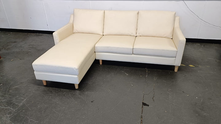 3 Seater Left Hand Facing Chaise Lounge Corner Sofa Cream Leather - W 207 cm x D 86 cm x H 80 cm