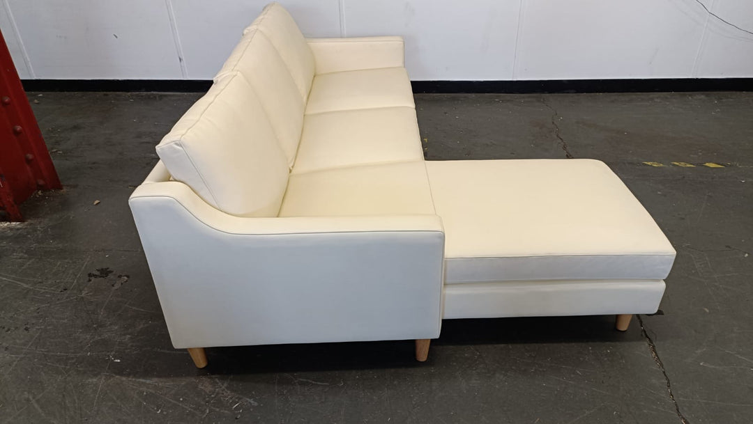 3 Seater Left Hand Facing Chaise Lounge Corner Sofa Cream Leather - W 207 cm x D 86 cm x H 80 cm