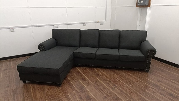 4 Seater Left Hand Facing Chaise Lounge Corner Sofa Black Linen Fabric - W 300 cm x D 95 cm x H 90 cm