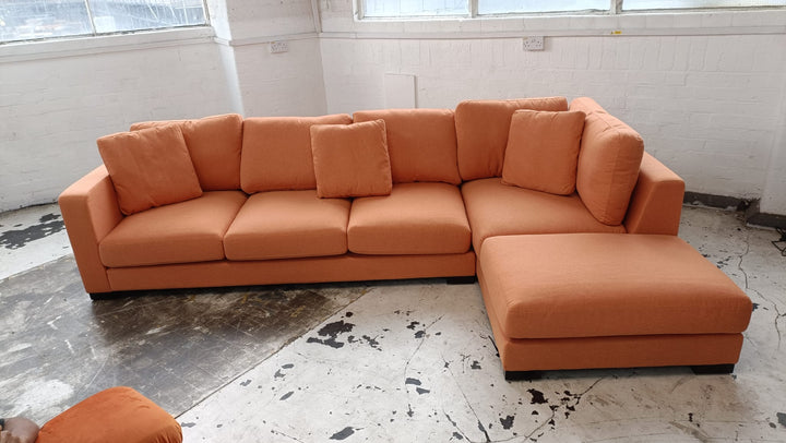 4 Seater Right Hand Facing Chaise Lounge Corner Sofa Orange Linen Fabric - W 312 cm x D 97 cm x H 82 cm