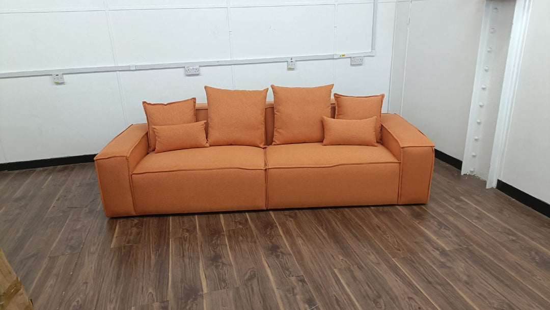 3 Seater Sofa Orange Linen Fabric - W 302 cm x D 98 cm x H 65 cm