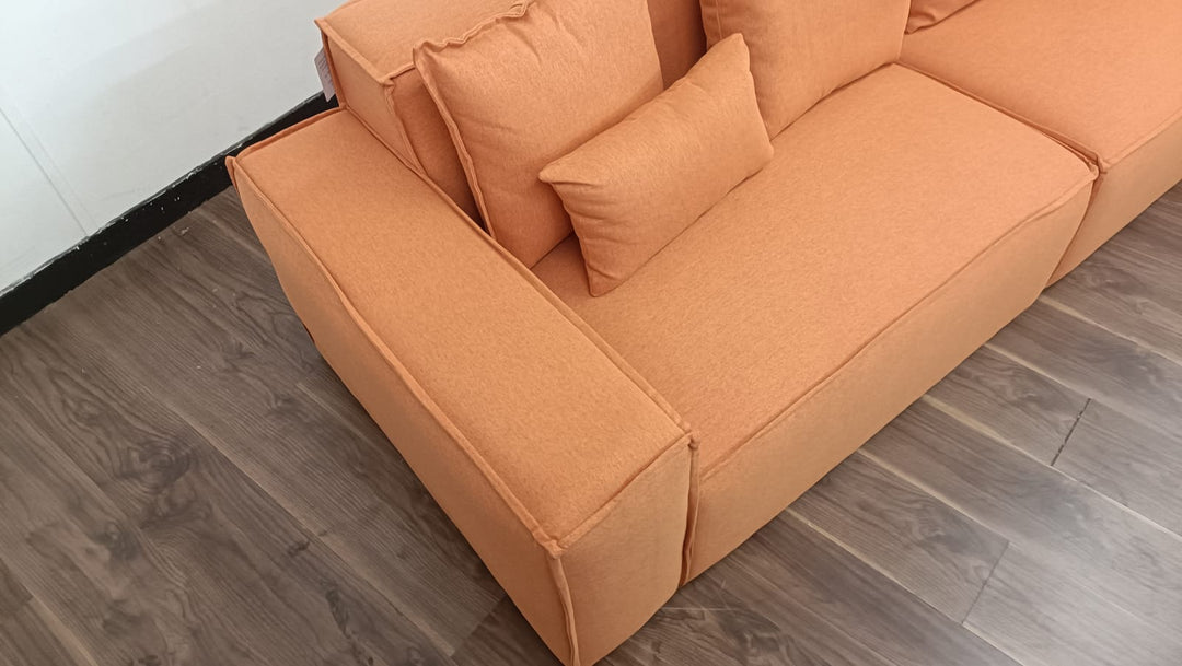 3 Seater Sofa Orange Linen Fabric - W 302 cm x D 98 cm x H 65 cm