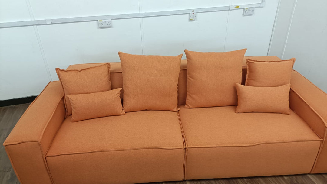 3 Seater Sofa Orange Linen Fabric - W 302 cm x D 98 cm x H 65 cm