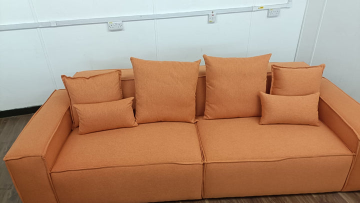 3 Seater Sofa Orange Linen Fabric - W 302 cm x D 98 cm x H 65 cm